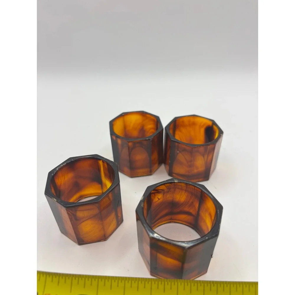 Vintage Napkin Rings Tortoise Shell Faux Amber Lucite Octagon Set of 4